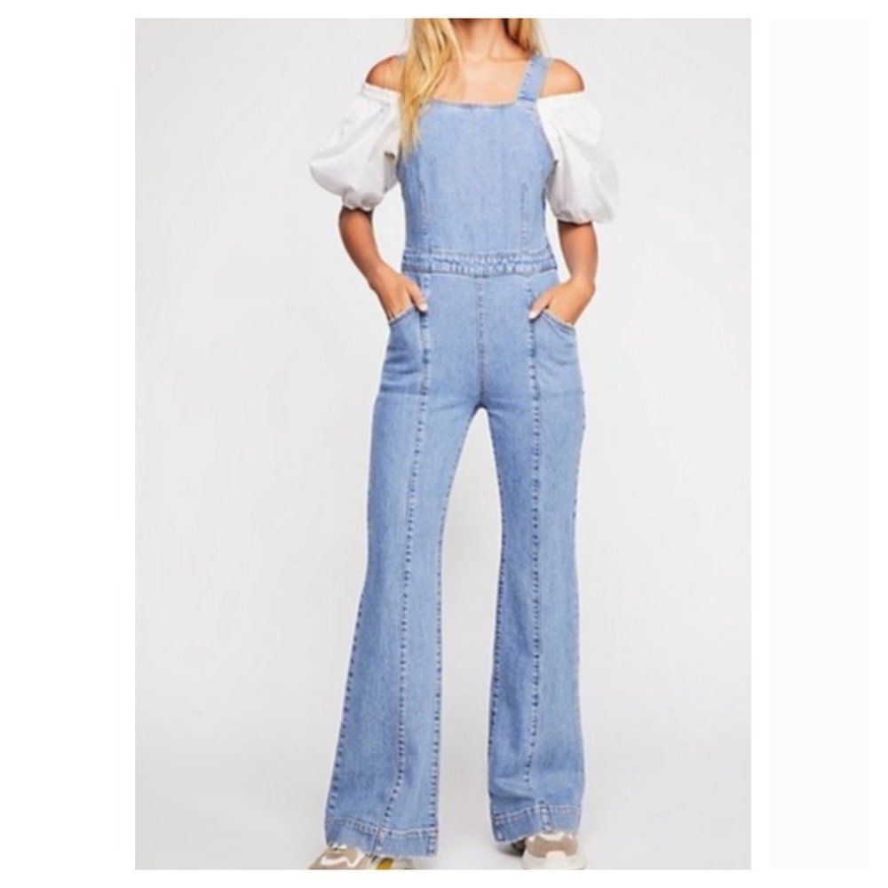 Free People Light Blue Denim Jumpsuit